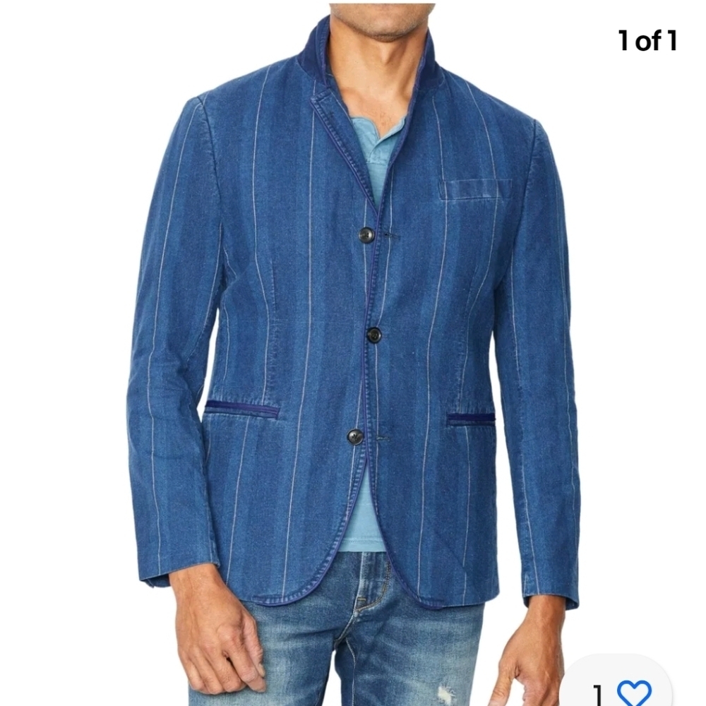 John Varvatos USA Linen Blend Pinstripe Navy Blazer Jacket Size 42